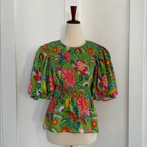 CROSBY by Mollie Burch Sloan Top Botanical Garden Green Floral Peplum Size S